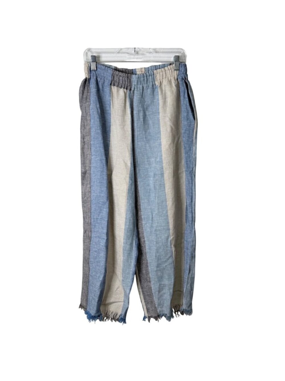 Blitz Womens Size XL Striped Linen Pants Crop Frayed-Hem Pull-On Resort Italy